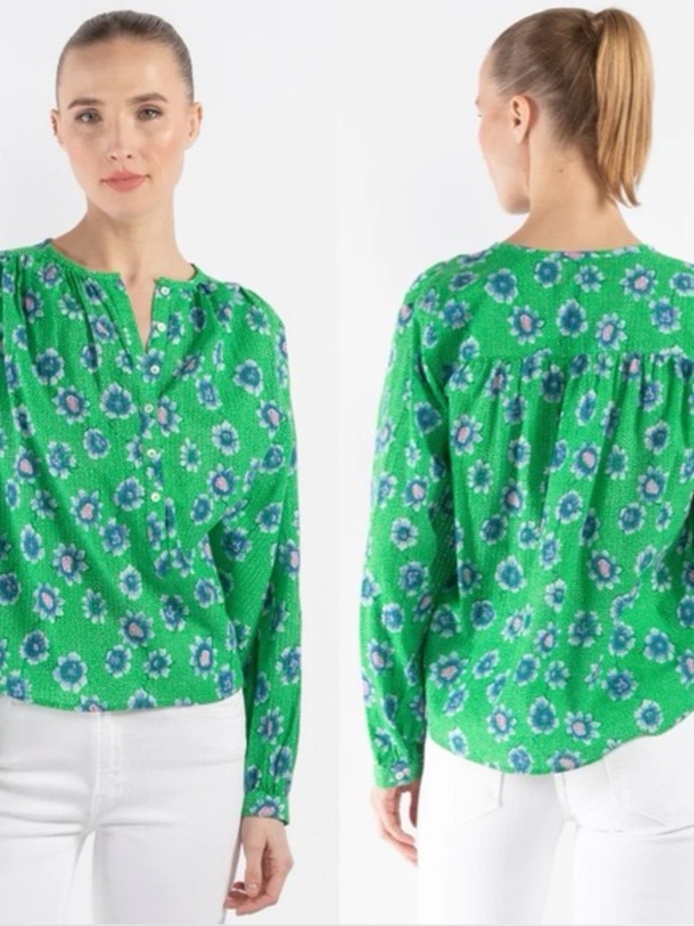 XIRENA Harmony Top Green Poppy Floral Cotton Blouse Size S